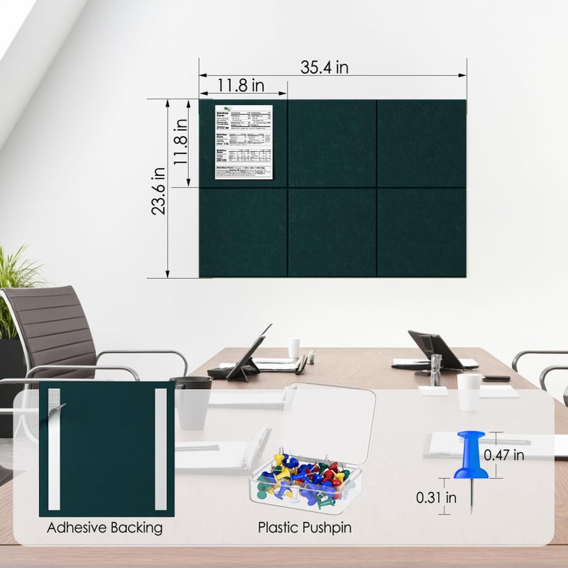 ماكسجير لوحة الفلين الكبيرة من MaxGear للجدار مقاس 91.44 سم × 60.96 سم، لوحة إعلانات باللون الأخضر الداكن، 6 عبوات من بلاط الحائط مع دبابيس الدفع، لوحات الفلين للمكتب - Image 4